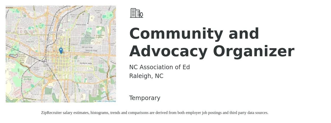NC Association of Ed job posting for a Community and Advocacy Organizer in Raleigh, NC with a salary of $44,200 to $59,800 Yearly with a map of Raleigh location.