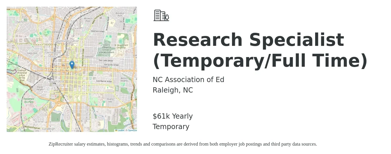 NC Association of Ed job posting for a Research Specialist (Temporary/Full Time) in Raleigh, NC with a salary of $61,681 Yearly with a map of Raleigh location.