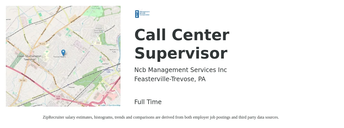 Ncb Management Services Inc job posting for a Call Center Supervisor in Feasterville-Trevose, PA with a salary of $45,200 to $70,600 Yearly with a map of Feasterville-Trevose location.
