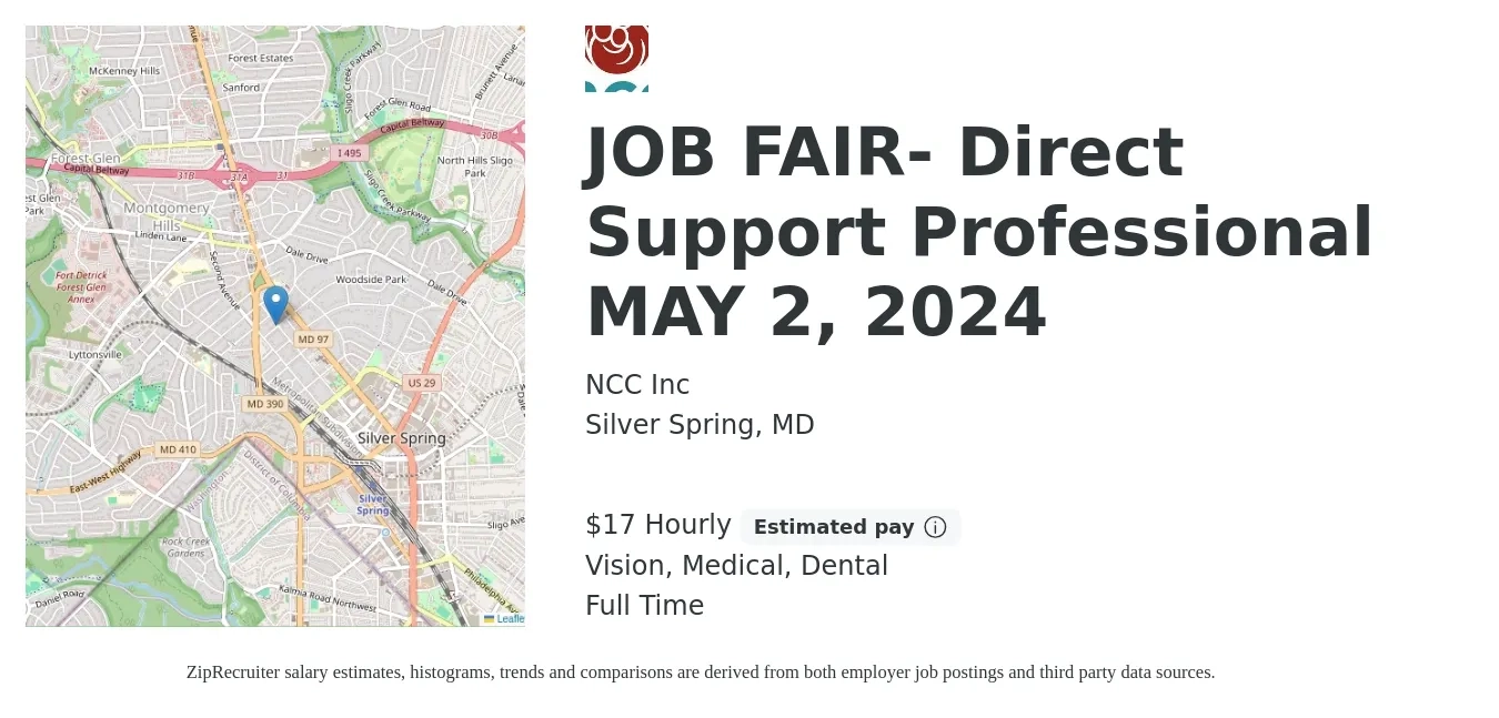 NCC Inc job posting for a JOB FAIR- Direct Support Professional MAY 2, 2024 in Silver Spring, MD with a salary of $18 Hourly and benefits including vision, dental, life_insurance, medical, pto, and retirement with a map of Silver Spring location.