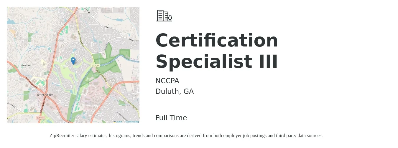 NCCPA job posting for a Certification Specialist III in Duluth, GA with a salary of $52,007 to $56,901 Yearly with a map of Duluth location.