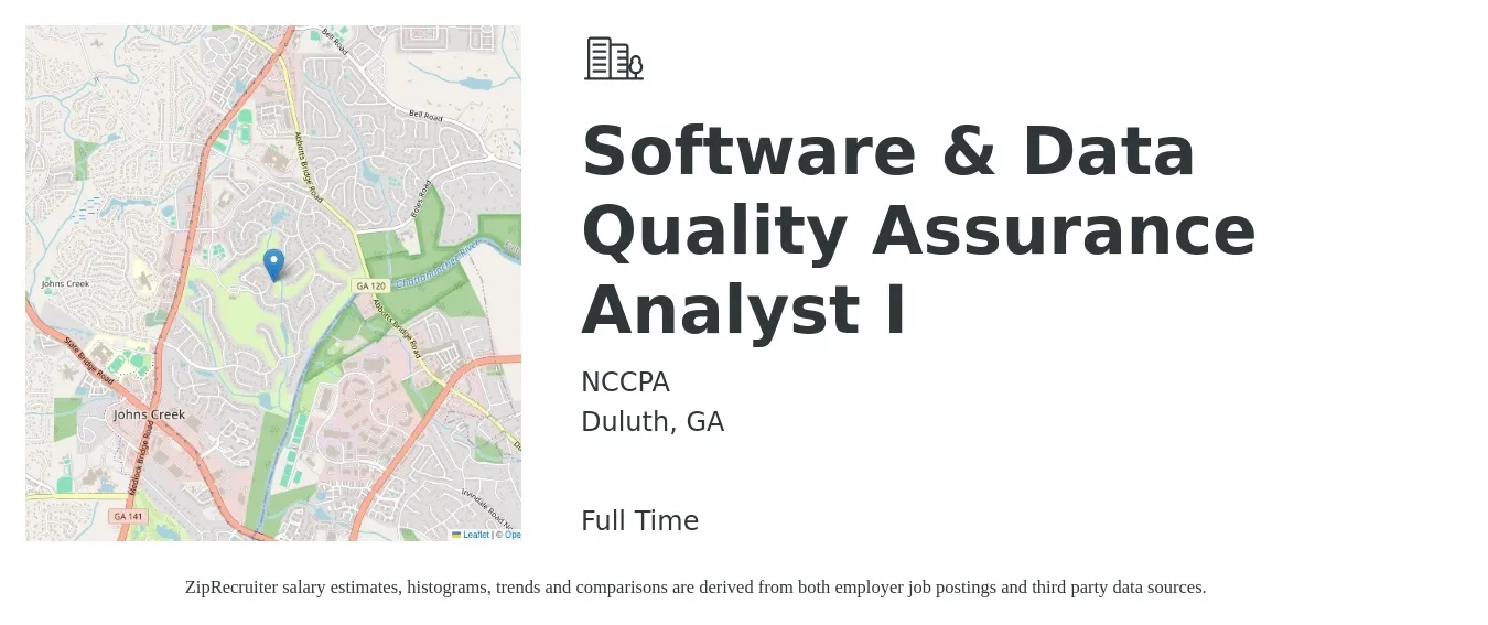 NCCPA job posting for a Software & Data Quality Assurance Analyst I in Duluth, GA with a salary of $35 to $52 Hourly with a map of Duluth location.