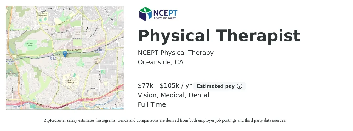 NCEPT Physical Therapy job posting for a Physical Therapist in Oceanside, CA with a salary of $77,000 to $105,000 Yearly and benefits including retirement, vision, dental, life_insurance, and medical with a map of Oceanside location.