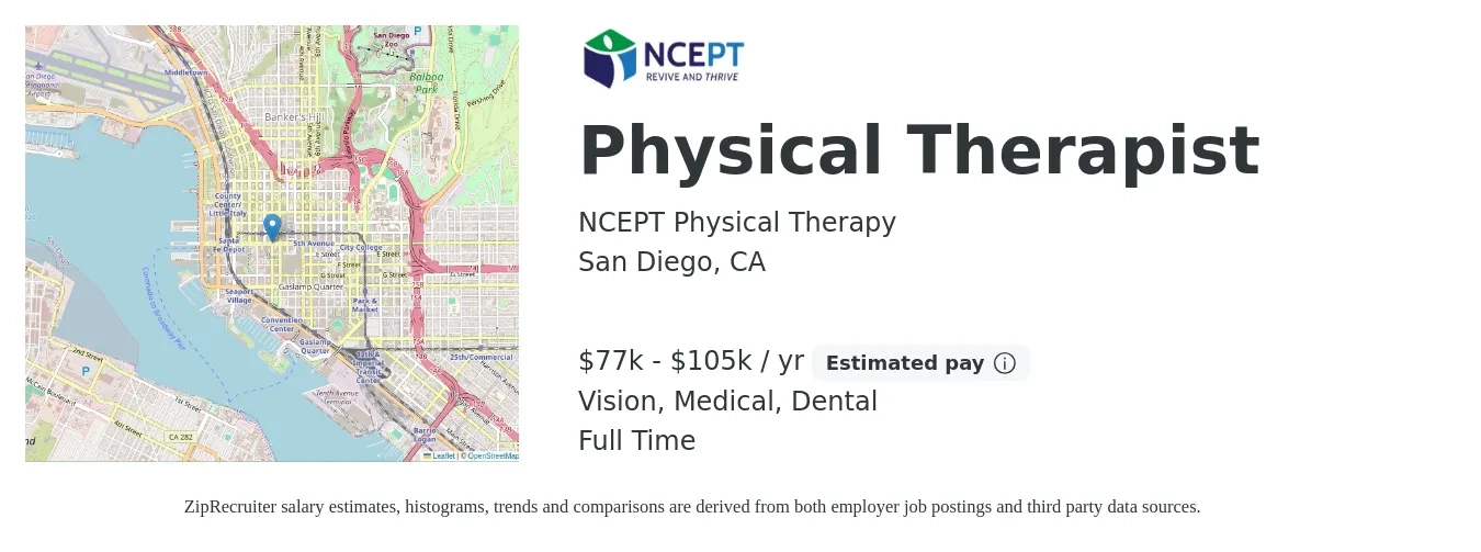 NCEPT Physical Therapy job posting for a Physical Therapist in San Diego, CA with a salary of $77,000 to $105,000 Yearly and benefits including medical, retirement, vision, dental, and life_insurance with a map of San Diego location.