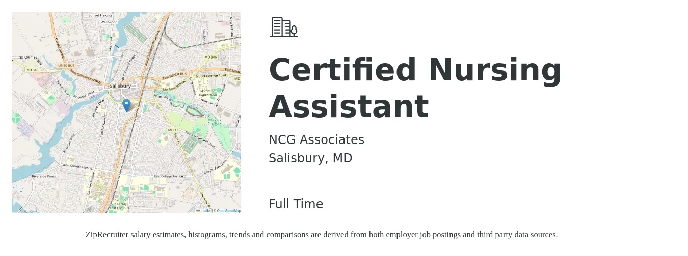NCG Associates job posting for a Certified Nursing Assistant in Salisbury, MD with a salary of $680 to $760 Weekly with a map of Salisbury location.