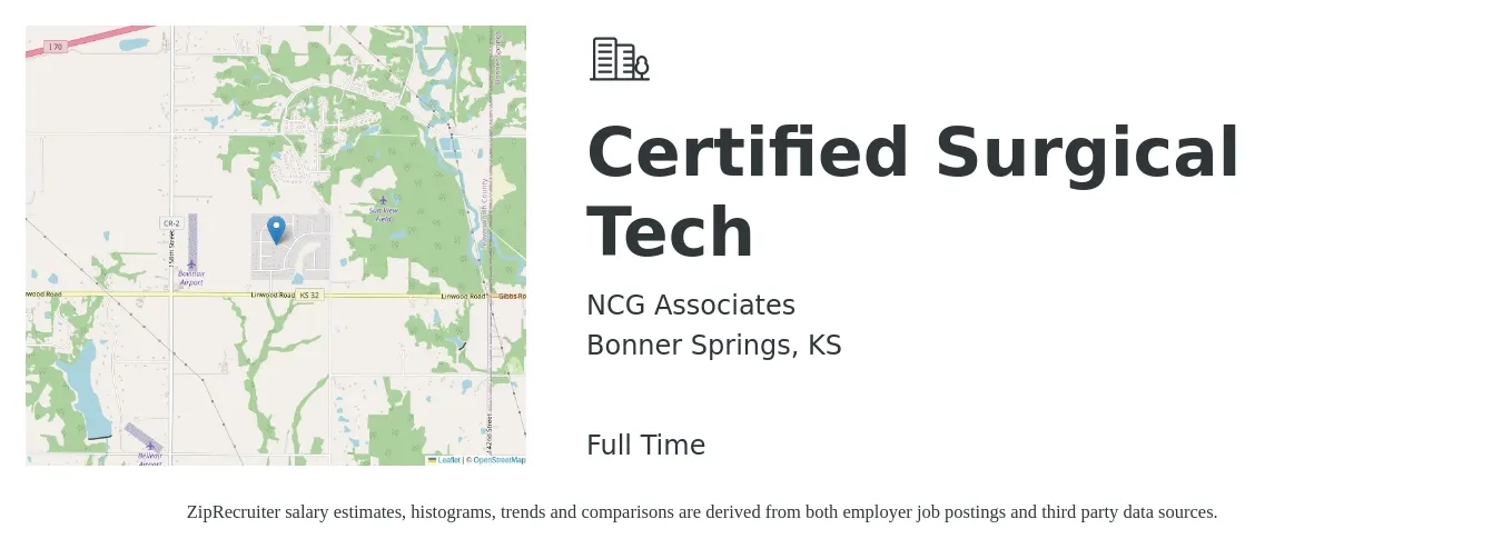 NCG Associates job posting for a Certified Surgical Tech in Bonner Springs, KS with a salary of $30 to $51 Hourly with a map of Bonner Springs location.