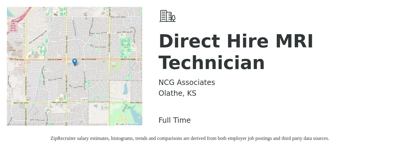 NCG Associates job posting for a Direct Hire MRI Technician in Olathe, KS with a salary of $1,570 to $2,370 Weekly with a map of Olathe location.