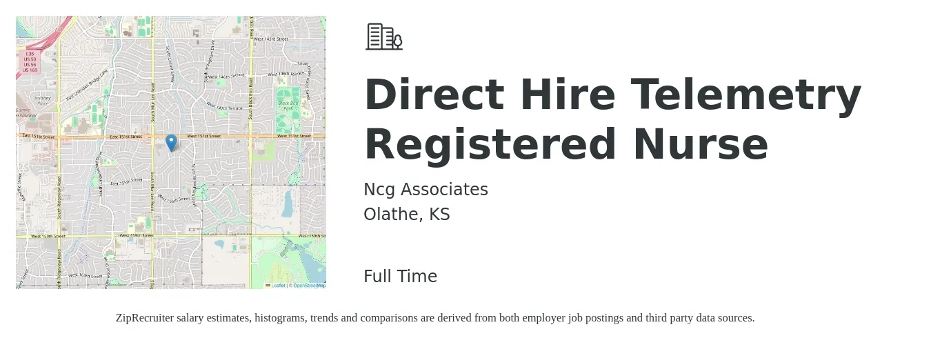 NCG Associates job posting for a Direct Hire Telemetry Registered Nurse in Olathe, KS with a salary of $1,910 to $2,610 Weekly with a map of Olathe location.