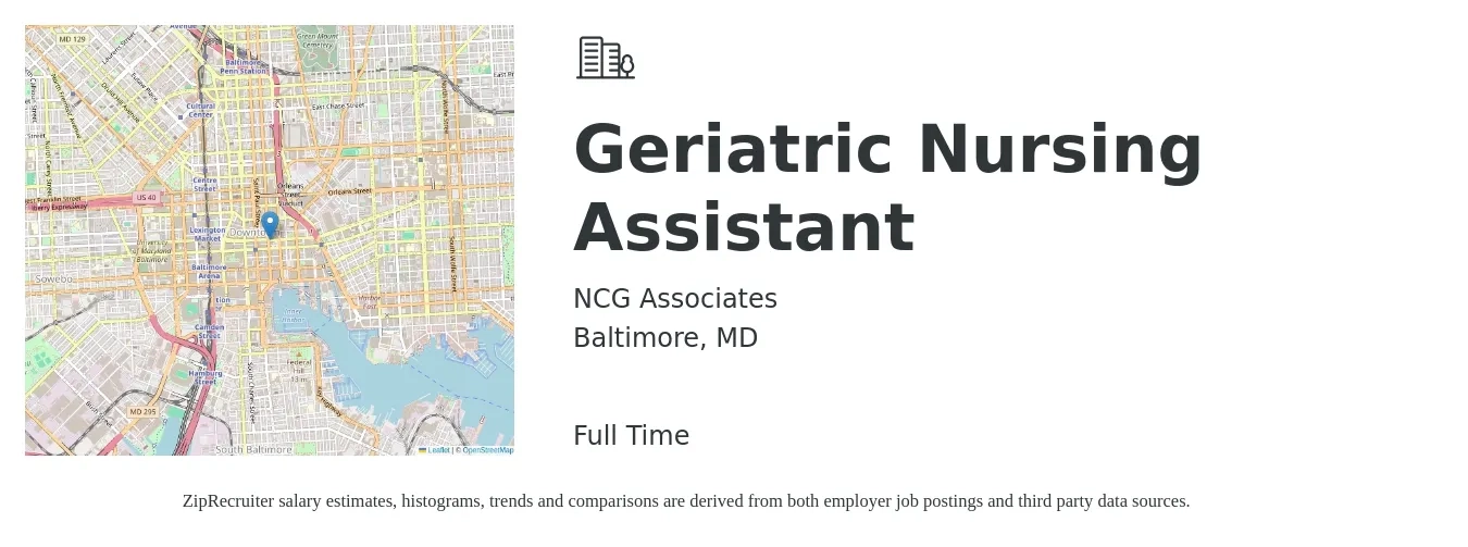 NCG Associates job posting for a Geriatric Nursing Assistant in Baltimore, MD with a salary of $592 Weekly with a map of Baltimore location.