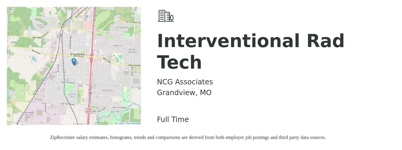 NCG Associates job posting for a Interventional Rad Tech in Grandview, MO with a salary of $2,600 to $2,800 Weekly with a map of Grandview location.