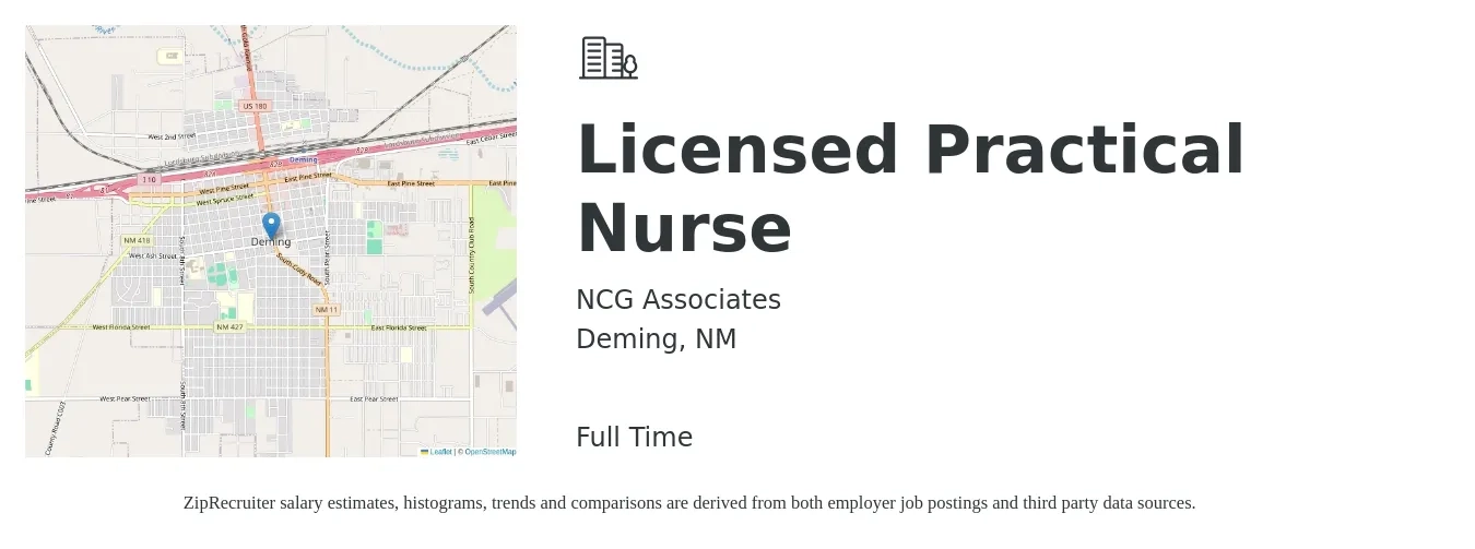 NCG Associates job posting for a Licensed Practical Nurse in Deming, NM with a salary of $1,400 to $1,680 Weekly with a map of Deming location.