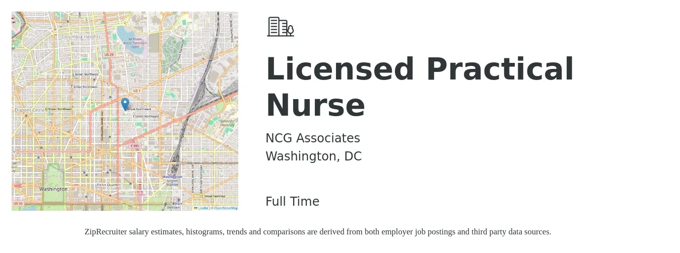 NCG Associates job posting for a Licensed Practical Nurse in Washington, DC with a salary of $960 to $1,360 Weekly with a map of Washington location.