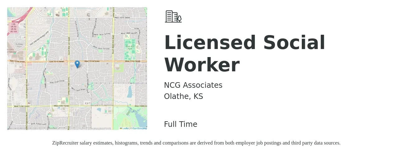 NCG Associates job posting for a Licensed Social Worker in Olathe, KS with a salary of $1,720 to $1,800 Weekly with a map of Olathe location.