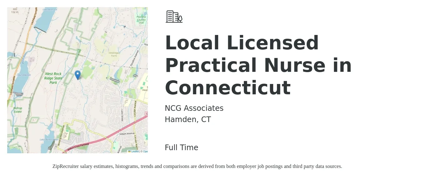 NCG Associates job posting for a Local Licensed Practical Nurse in Connecticut in Hamden, CT with a salary of $1,320 Weekly with a map of Hamden location.
