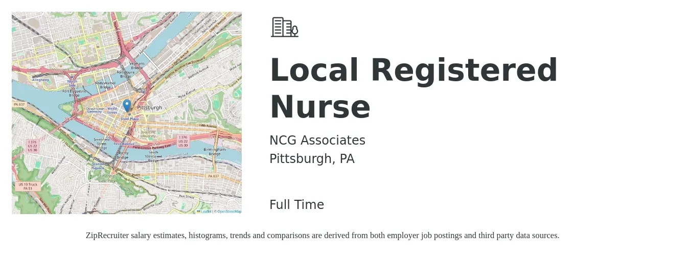 NCG Associates job posting for a Local Registered Nurse in Pittsburgh, PA with a salary of $1,368 Weekly with a map of Pittsburgh location.