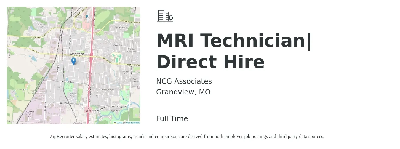NCG Associates job posting for a MRI Technician| Direct Hire in Grandview, MO with a salary of $1,640 to $2,650 Weekly with a map of Grandview location.