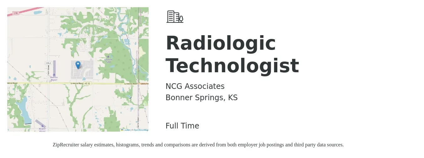 NCG Associates job posting for a Radiologic Technologist in Bonner Springs, KS with a salary of $2,320 to $2,490 Weekly with a map of Bonner Springs location.