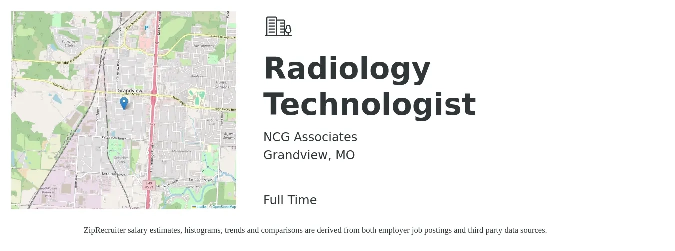 NCG Associates job posting for a Radiology Technologist in Grandview, MO with a salary of $2,320 to $2,490 Weekly with a map of Grandview location.