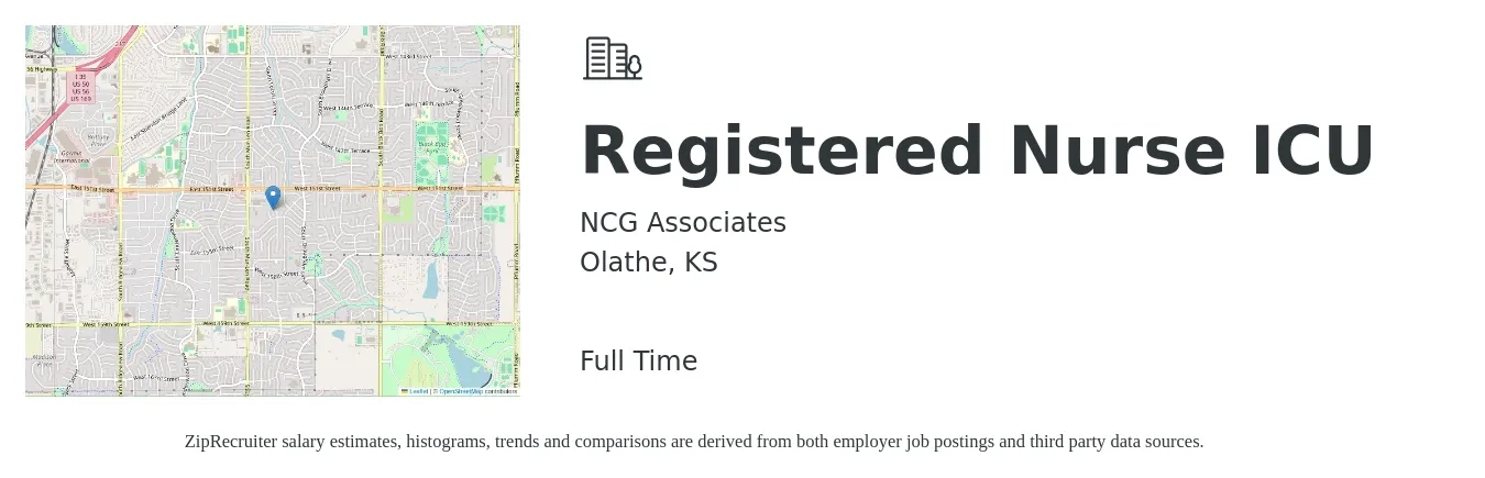 NCG Associates job posting for a Registered Nurse ICU in Olathe, KS with a salary of $1,980 Weekly with a map of Olathe location.