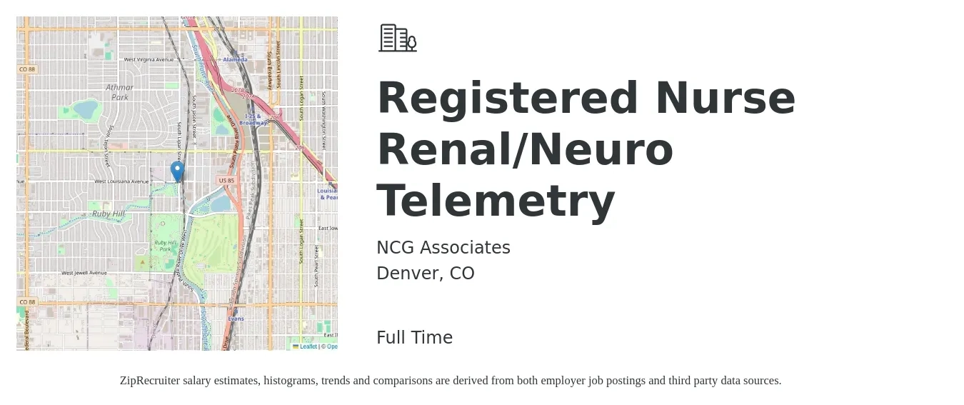 NCG Associates job posting for a Registered Nurse Renal/Neuro Telemetry in Denver, CO with a salary of $1,818 to $1,899 Weekly with a map of Denver location.