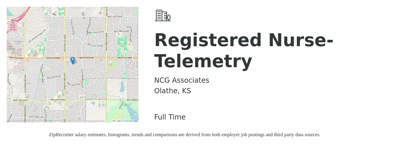 NCG Associates job posting for a Registered Nurse- Telemetry in Olathe, KS with a salary of $1,746 to $1,890 Weekly with a map of Olathe location.