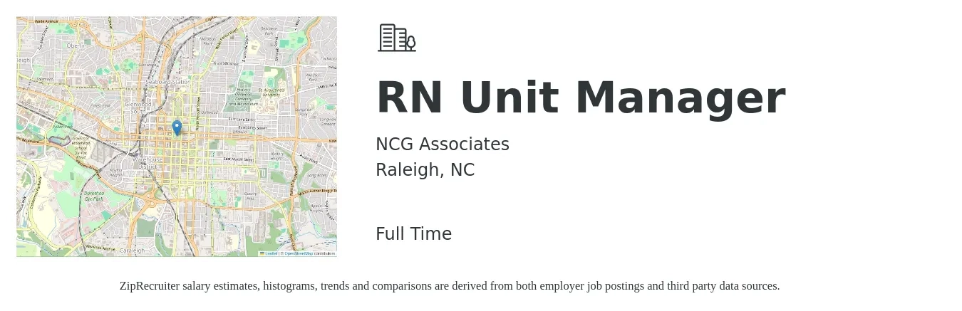 NCG Associates job posting for a RN Unit Manager in Raleigh, NC with a salary of $1,520 to $1,600 Weekly with a map of Raleigh location.