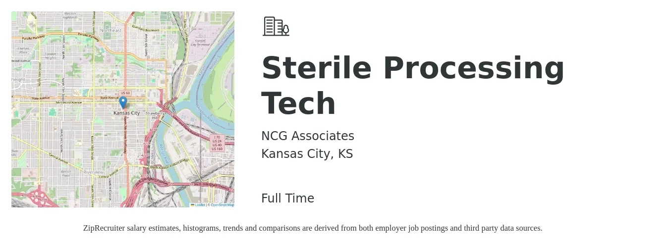 NCG Associates job posting for a Sterile Processing Tech in Kansas City, KS with a salary of $1,440 to $1,600 Weekly with a map of Kansas City location.