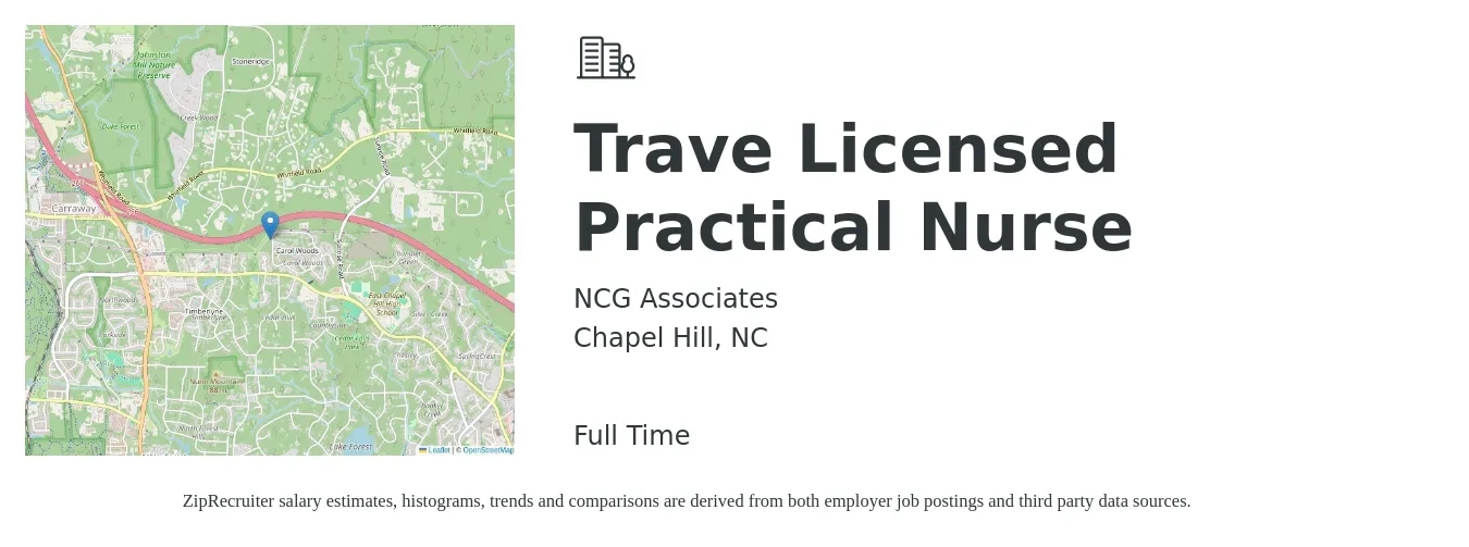 NCG Associates job posting for a Trave Licensed Practical Nurse in Chapel Hill, NC with a salary of $1,280 to $1,360 Weekly with a map of Chapel Hill location.