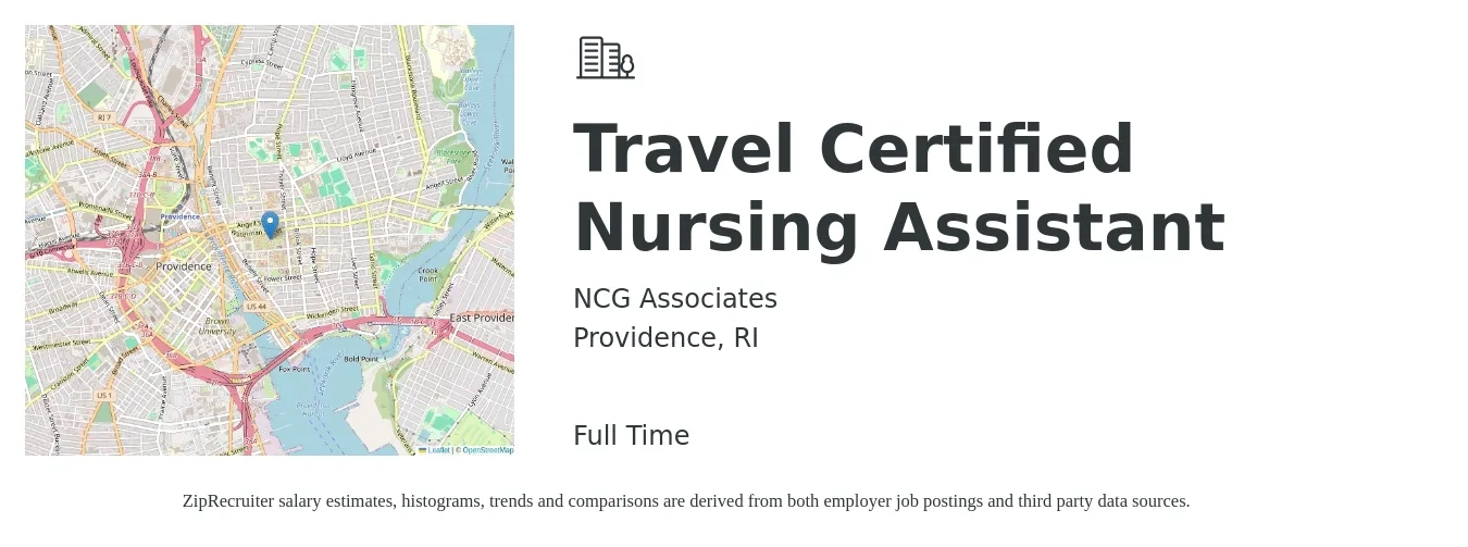 NCG Associates job posting for a Travel Certified Nursing Assistant in Providence, RI with a salary of $960 to $1,040 Weekly with a map of Providence location.