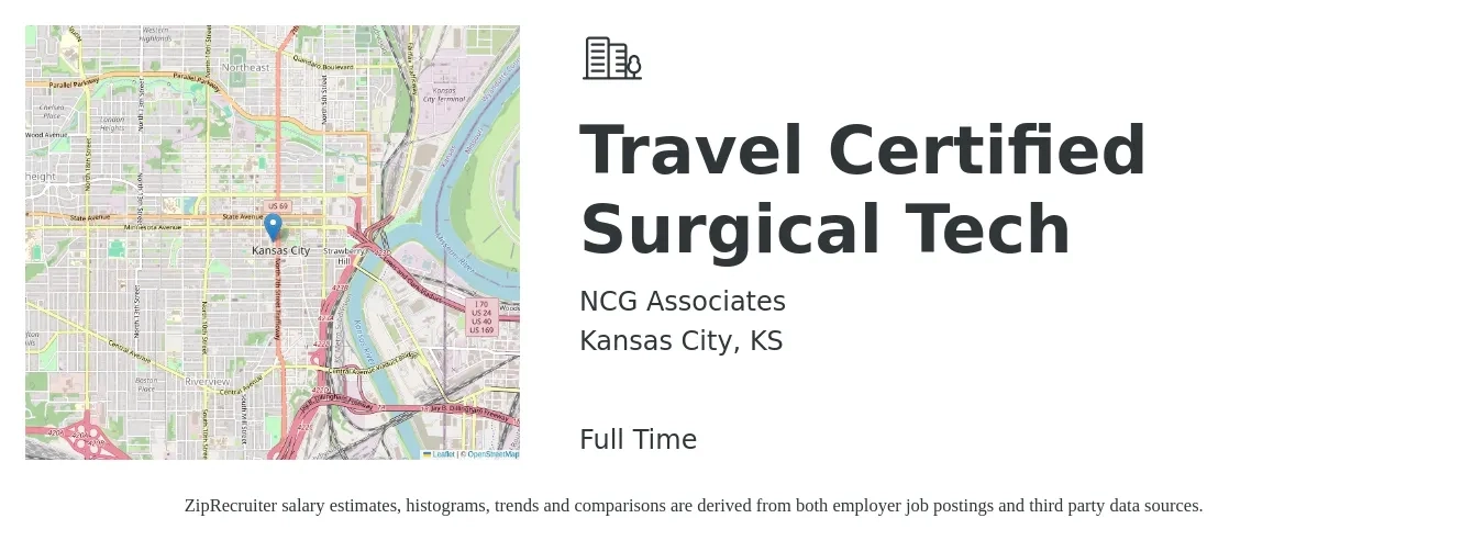 NCG Associates job posting for a Travel Certified Surgical Tech in Kansas City, KS with a salary of $2,000 Weekly with a map of Kansas City location.