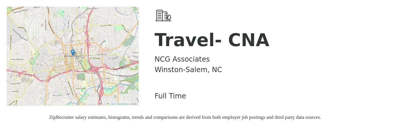 NCG Associates job posting for a Travel- CNA in Winston-Salem, NC with a salary of $800 to $880 Weekly with a map of Winston-Salem location.