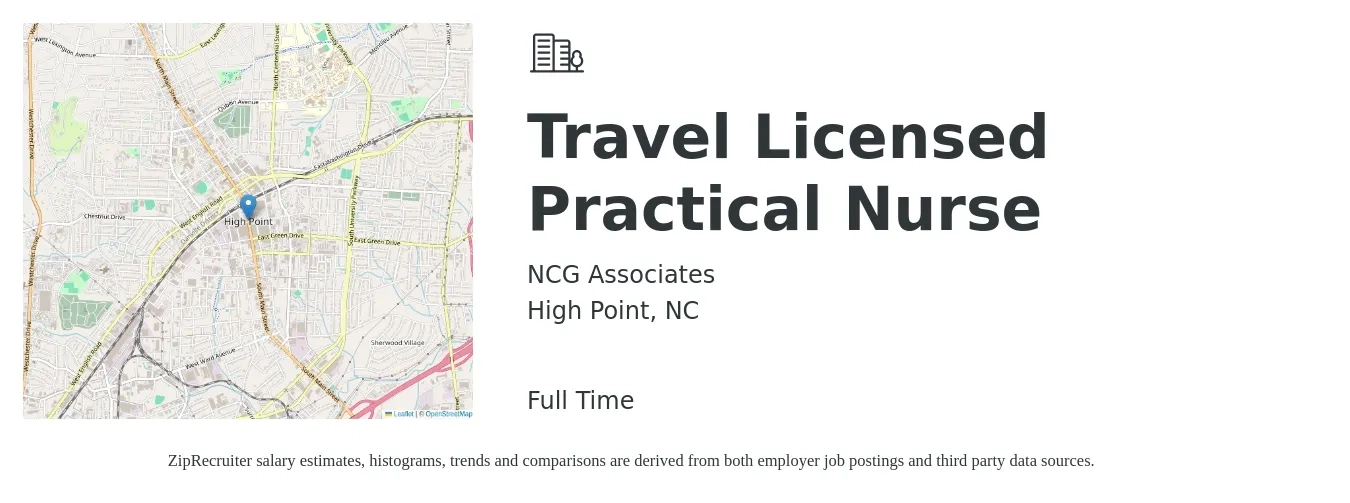 NCG Associates job posting for a Travel Licensed Practical Nurse in High Point, NC with a salary of $1,240 Weekly with a map of High Point location.