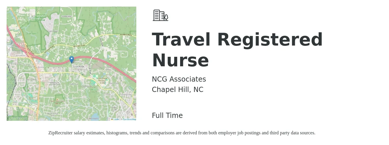 NCG Associates job posting for a Travel Registered Nurse in Chapel Hill, NC with a salary of $1,600 Weekly with a map of Chapel Hill location.