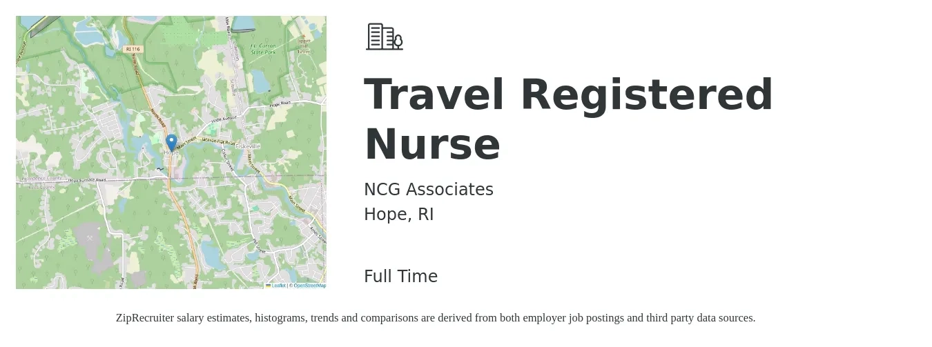 NCG Associates job posting for a Travel Registered Nurse in Hope, RI with a salary of $1,480 Weekly with a map of Hope location.
