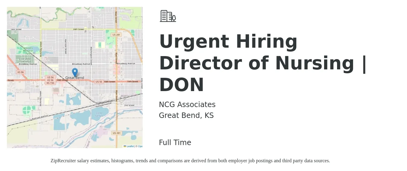 NCG Associates job posting for a Urgent Hiring Director of Nursing | DON in Great Bend, KS with a salary of $115 Hourly with a map of Great Bend location.