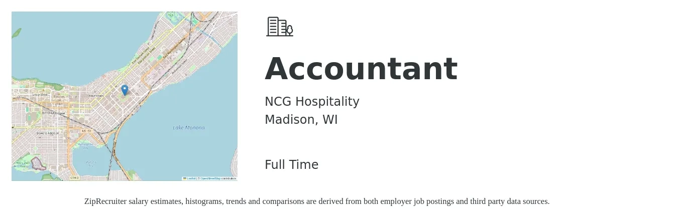 NCG Hospitality job posting for a Accountant in Madison, WI with a salary of $53,900 to $79,100 Yearly with a map of Madison location.