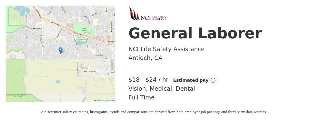 NCI Life Safety Assistance job posting for a General Laborer in Antioch, CA with a salary of $19 to $25 Hourly and benefits including retirement, vision, dental, and medical with a map of Antioch location.
