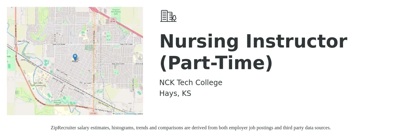 NCK Tech College job posting for a Nursing Instructor (Part-Time) in Hays, KS with a salary of $56,800 to $86,900 Yearly with a map of Hays location.
