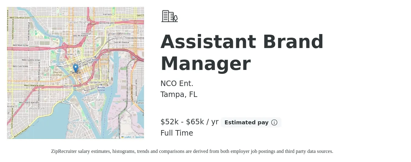 NCO Ent. job posting for a Assistant Brand Manager in Tampa, FL with a salary of $39,200 to $48,700 Yearly with a map of Tampa location.