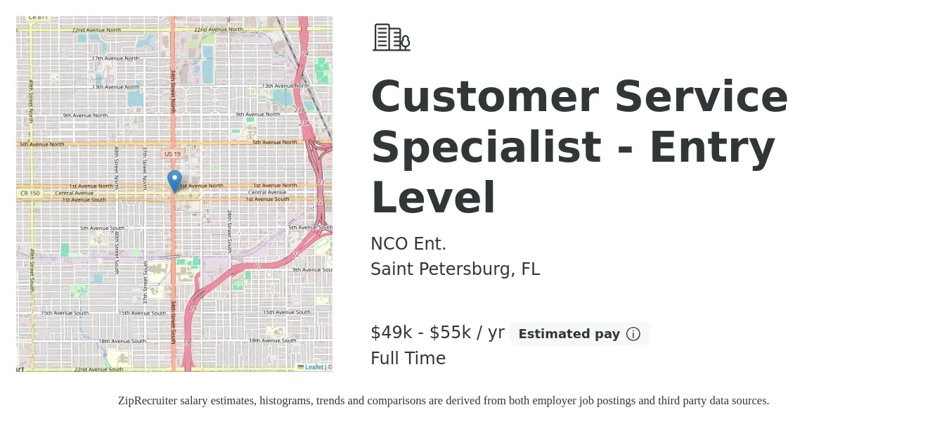 NCO Ent. job posting for a Customer Service Specialist - Entry Level in Saint Petersburg, FL with a salary of $16 to $21 Hourly with a map of Saint Petersburg location.