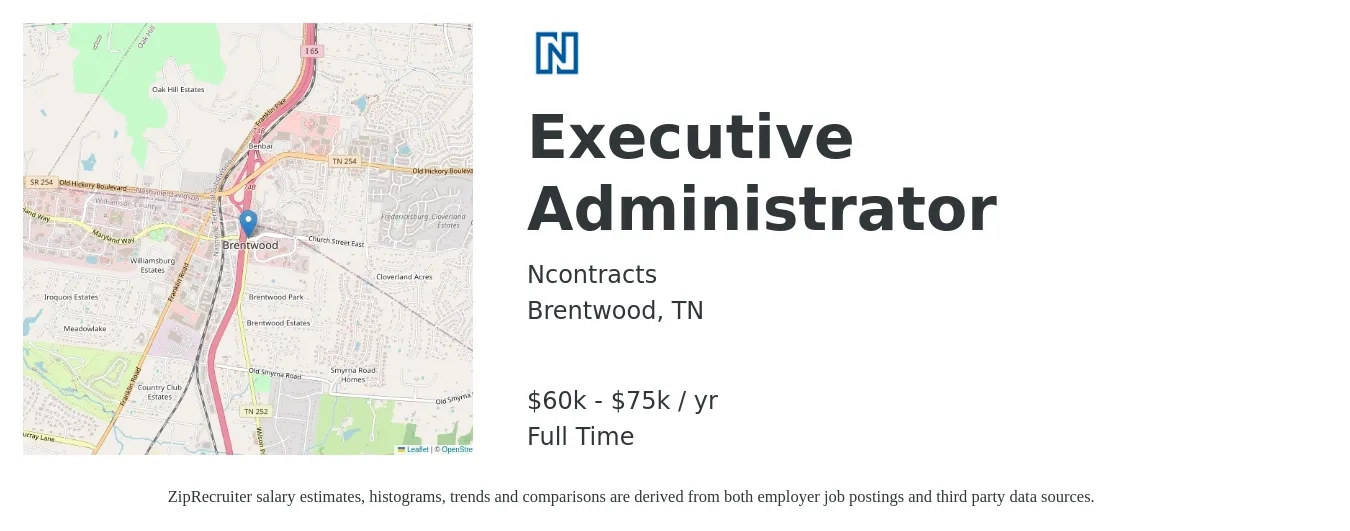 Ncontracts job posting for a Executive Administrator in Brentwood, TN with a salary of $60,000 to $75,000 Yearly with a map of Brentwood location.