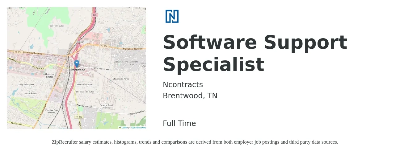 Ncontracts job posting for a Software Support Specialist in Brentwood, TN with a salary of $45,000 to $55,000 Yearly with a map of Brentwood location.