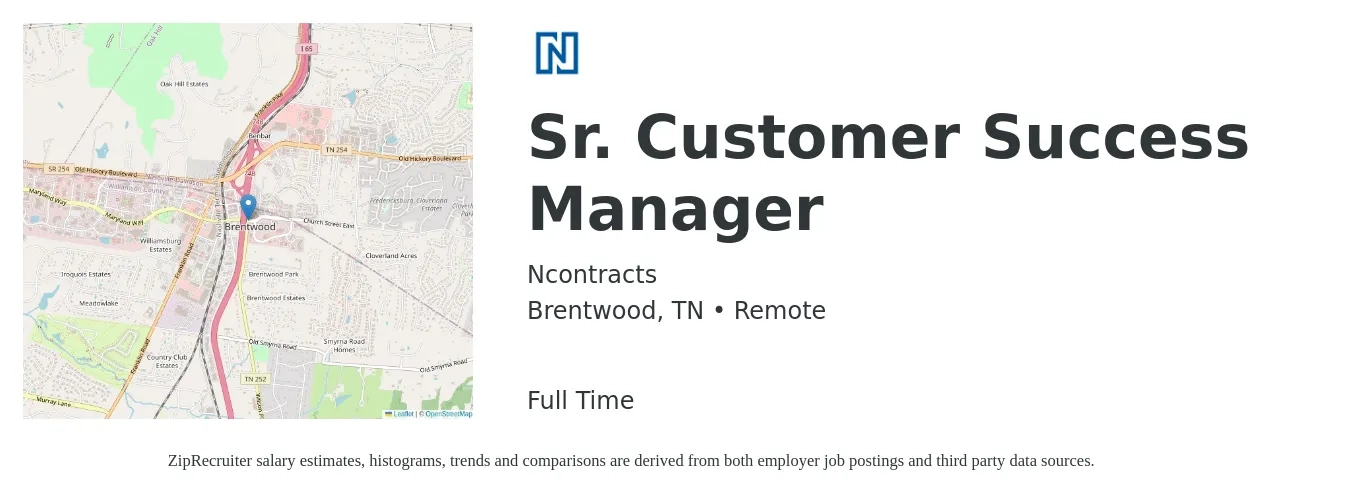 Ncontracts job posting for a Sr. Customer Success Manager in Brentwood, TN with a salary of $56,300 to $93,700 Yearly with a map of Brentwood location.
