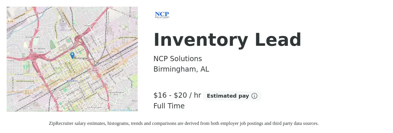 NCP Solutions job posting for a Inventory Lead in Birmingham, AL with a salary of $17 to $21 Hourly with a map of Birmingham location.