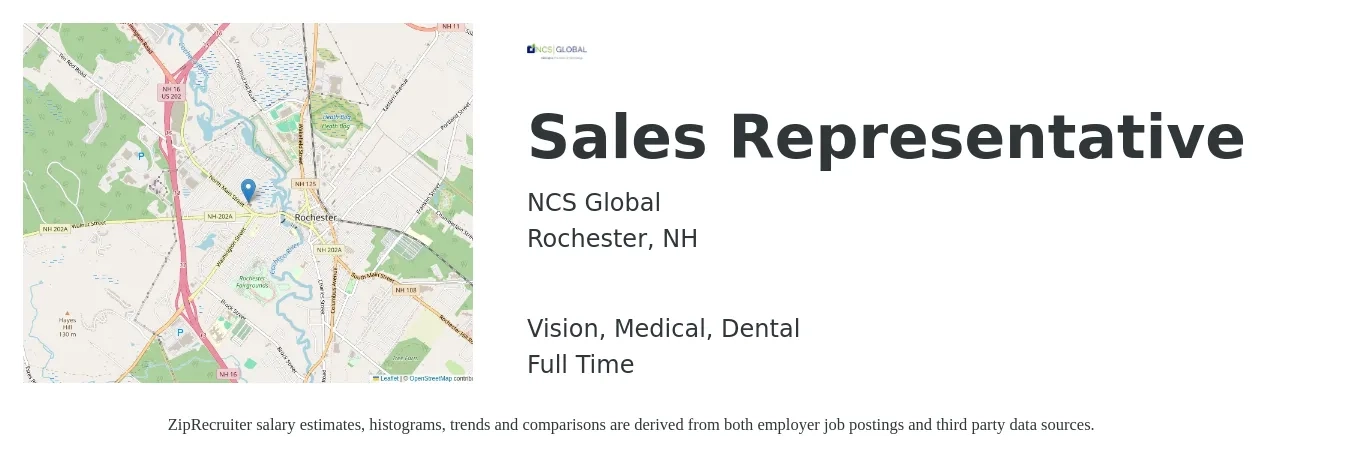 NCS Global job posting for a Sales Representative in Rochester, NH with a salary of $52,400 to $91,000 Yearly and benefits including vision, dental, life_insurance, medical, and retirement with a map of Rochester location.