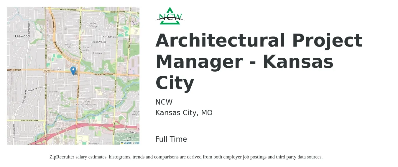 NCW job posting for a Architectural Project Manager - Kansas City in Kansas City, MO with a salary of $78,100 to $104,400 Yearly with a map of Kansas City location.