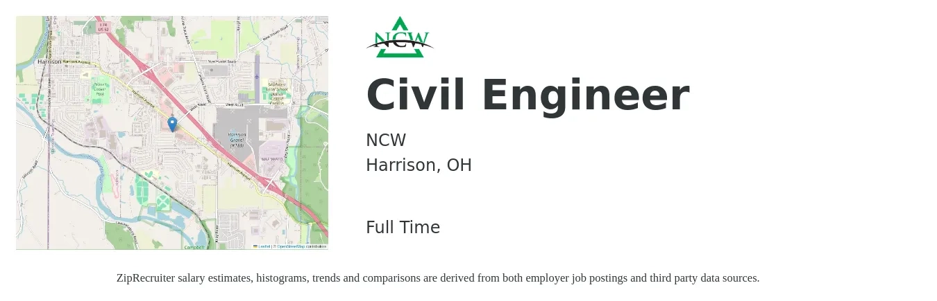 NCW job posting for a Civil Engineer in Harrison, OH with a salary of $64,000 to $93,400 Yearly with a map of Harrison location.