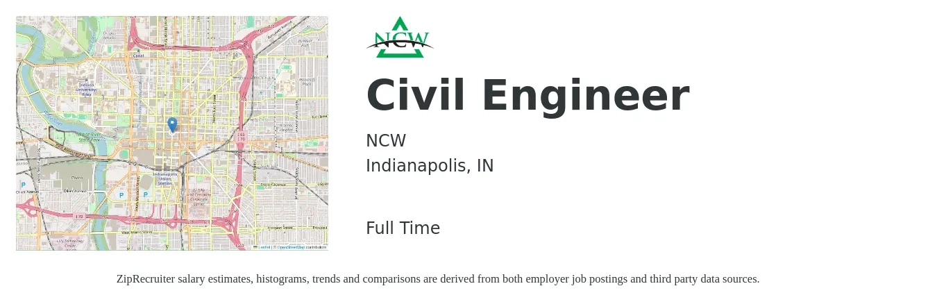 NCW job posting for a Civil Engineer in Indianapolis, IN with a salary of $90,000 to $150,000 Yearly (plus commission) and benefits including vision, dental, life_insurance, medical, and retirement with a map of Indianapolis location.