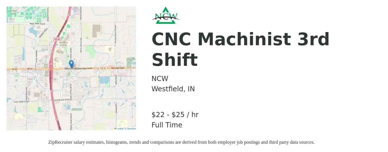 NCW job posting for a CNC Machinist 3rd Shift in Westfield, IN with a salary of $23 to $27 Hourly with a map of Westfield location.