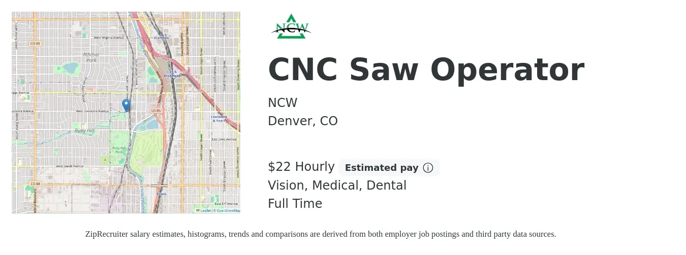 NCW job posting for a CNC Saw Operator in Denver, CO with a salary of $23 Hourly and benefits including pto, retirement, vision, dental, and medical with a map of Denver location.